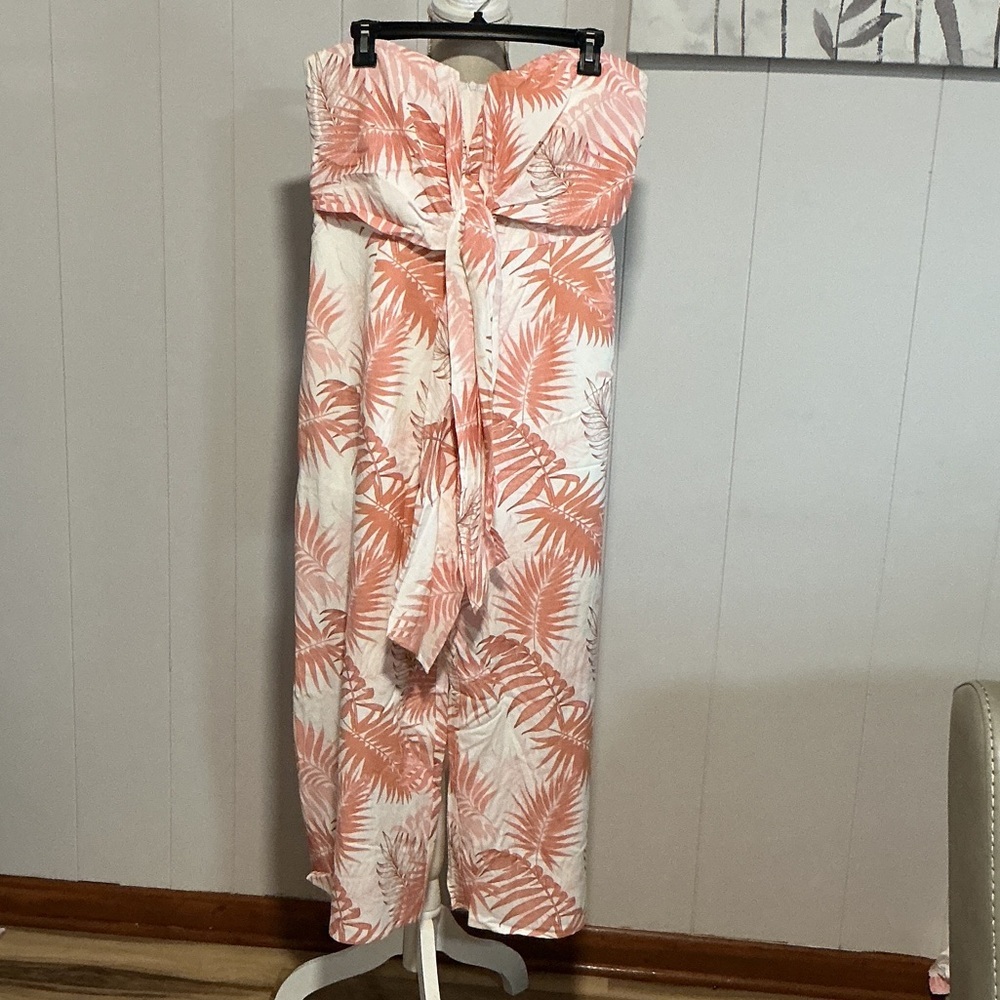 Pink Lily Coral and White Leaf Print Jumpsuit